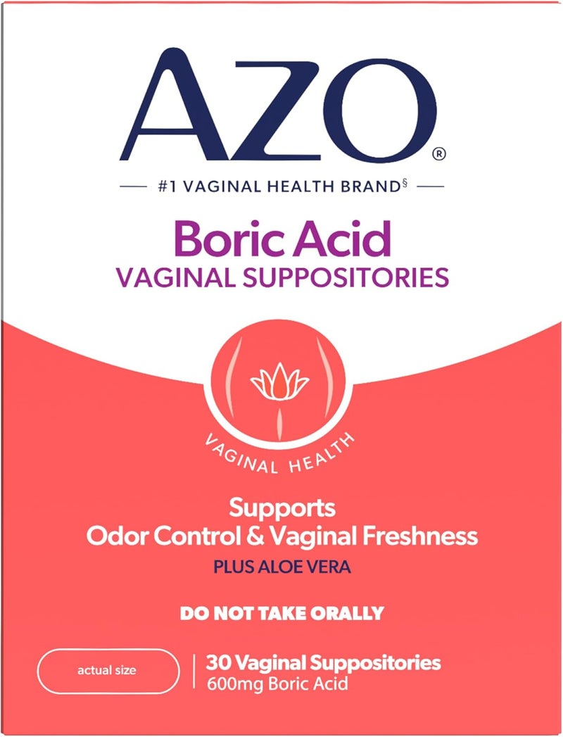 AZO تحاميل حمض البوريك المهبلية للنساء، تساعد في دعم التحكم في الروائح مع حمض البوريك المدروس سريرياً، غير معدّل وراثياً، 30 قطعة - Image 1